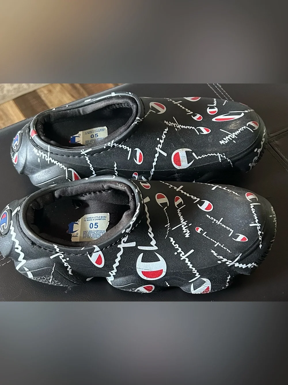 Champion Kids Black Slip-On Logo Clogs with Red & White Accents
